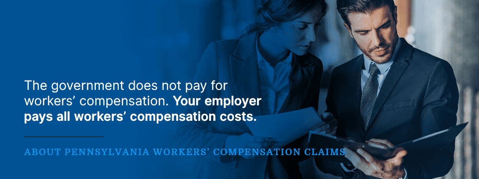 Lawyers reviewing workers' comp denial next to text "the government does not pay for workers' compensation. Your employer pays all workers' compensation costs".
